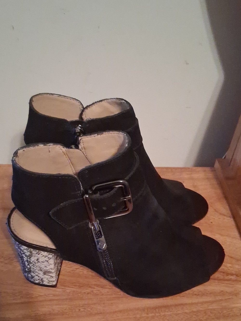 ANTONIO MELANI Black Suede Peep-Toe Mules with Snakeskin Block Heel